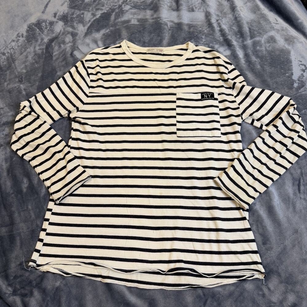 Zara Boys Striped L/S Pocket T-Shirt Sz 11/12 Cream Black NY Patch Flaws